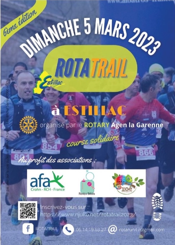 Trail solidaire le 5 Mars 2023 à Estillac - 11&amp;24 kms- Inscript: https://www.njuko.net/rotatrail2023